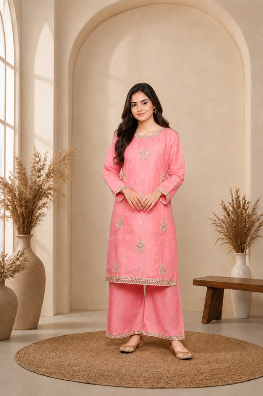 Girls Pink Embroidered and handmade Eid Dress – Stylish 2 Piece Stiched Festive Outfit