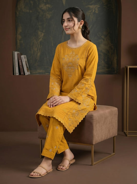 Women’s Mustard Yellow Embroidered 2-Piece Stiched Suit – Elegant Kurti & Trouser Set