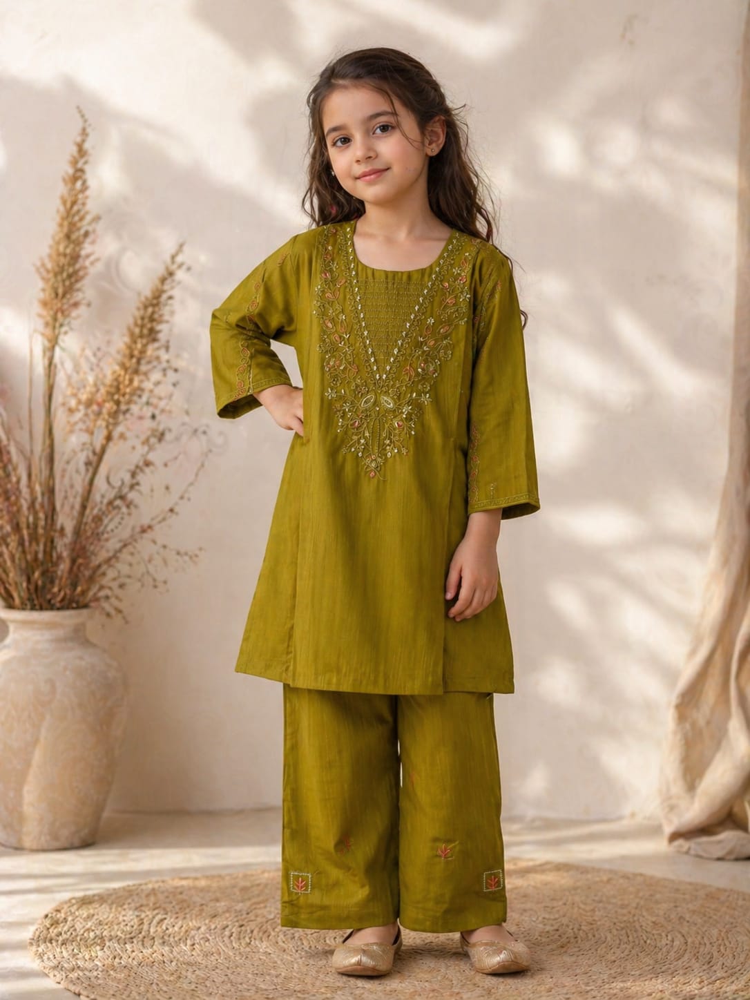 Girls Olive Green Embroidered 2-Piece Stiched Dress – Kids Ethnic Kurt –  Desire Trend by tuba