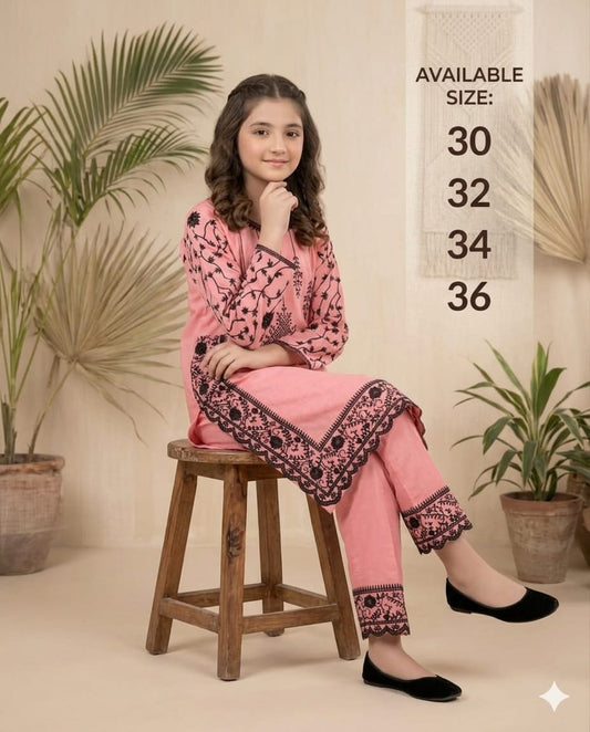 Pink Embroidered Kids 2 Piece Dress – Cotton Girls Outfit | Stylish Girls Eastern Wear