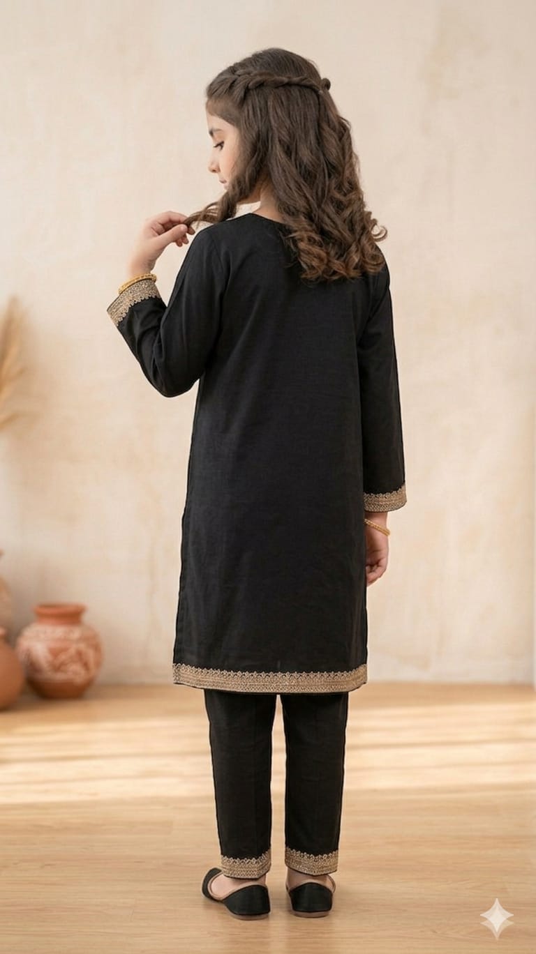 Girls Black Embroidered and handmade work 2 Piece Suit | Kids Party & Eid Wear Dress
