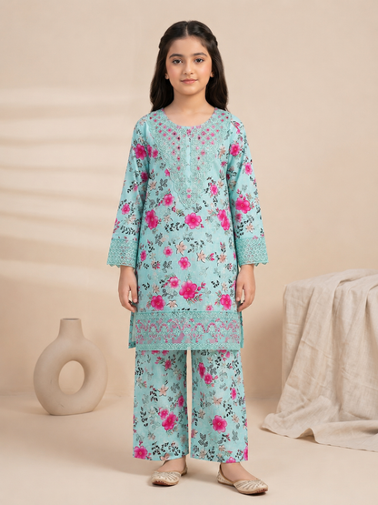 Girls Printed 2-Piece – Floral Embroidered Kurta & Trouser