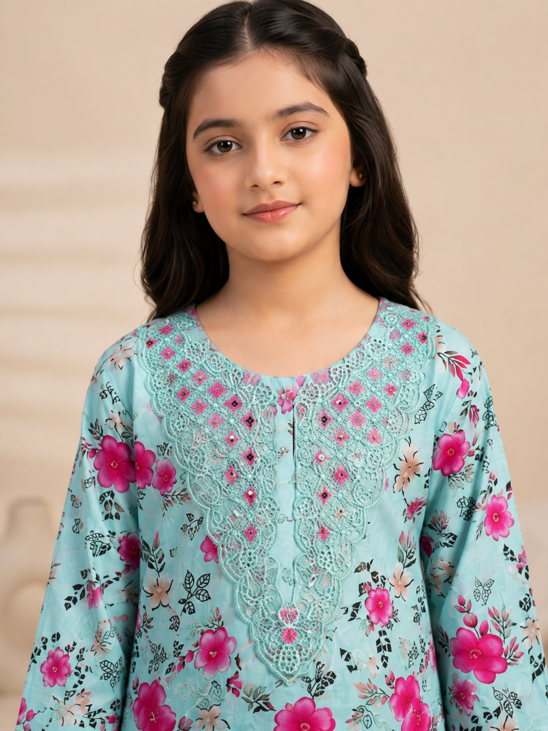 Girls Printed 2-Piece – Floral Embroidered Kurta & Trouser