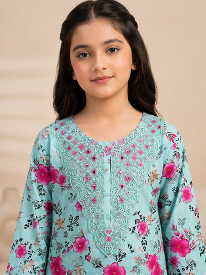 Girls Printed 2-Piece – Floral Embroidered Kurta & Trouser