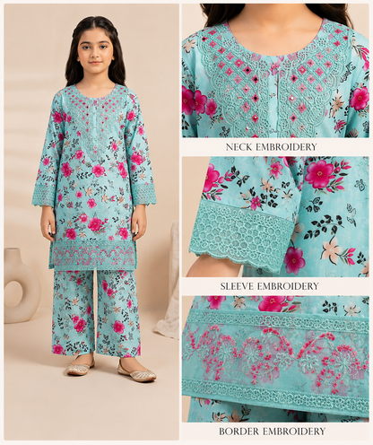 Girls Printed 2-Piece – Floral Embroidered Kurta & Trouser
