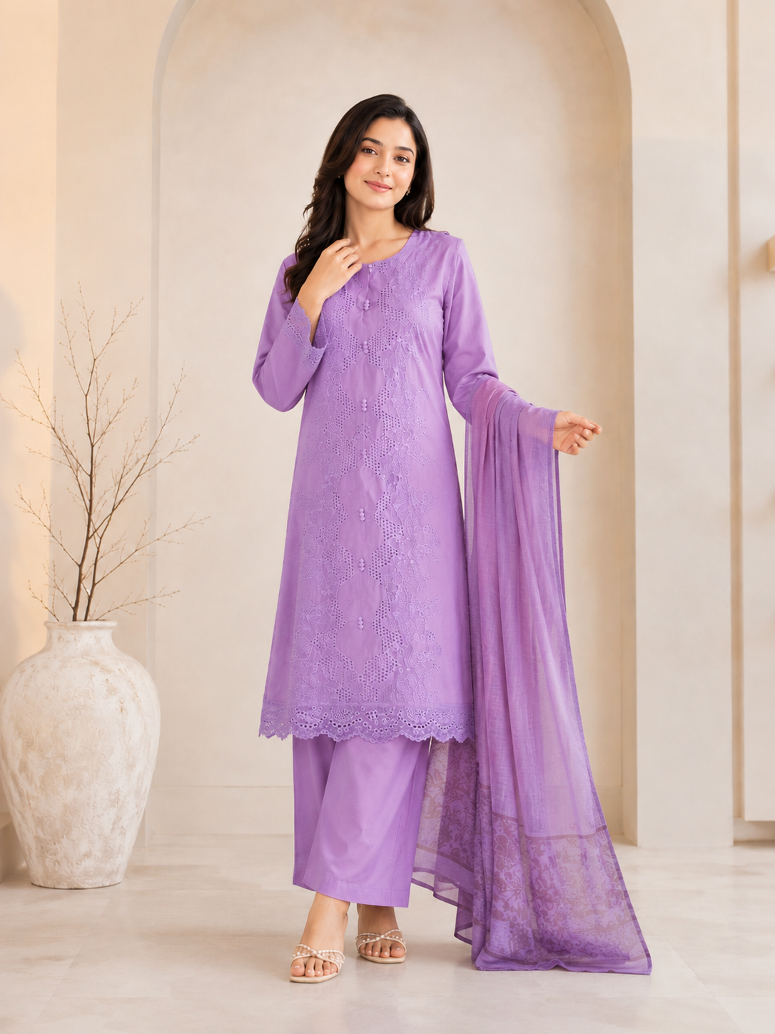 Lavender Embroidered 3-Piece Stitched Suit