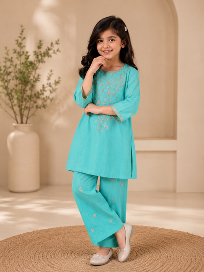 turquoise emb kids 2pc dress