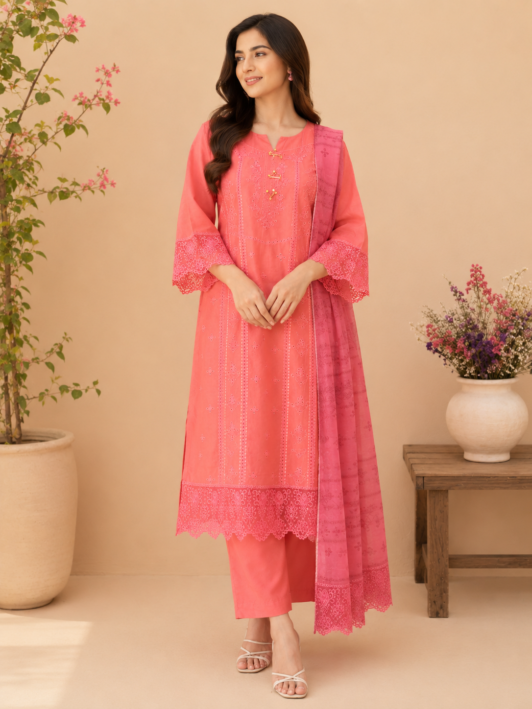 Pink Embroidered 3 Piece Stitched Lawn Suit