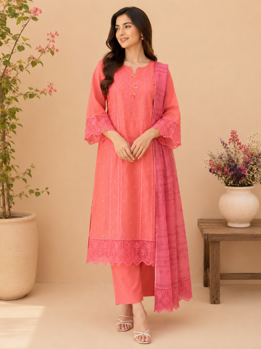 Pink Embroidered 3 Piece Stitched Lawn Suit