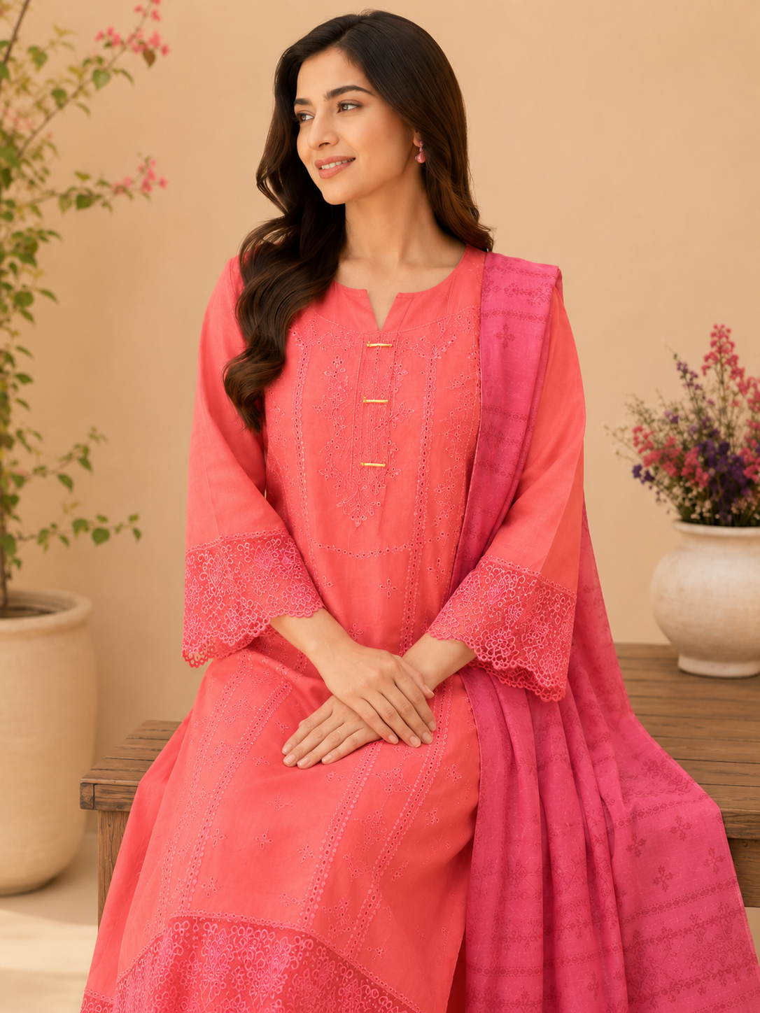 Pink Embroidered 3 Piece Stitched Lawn Suit