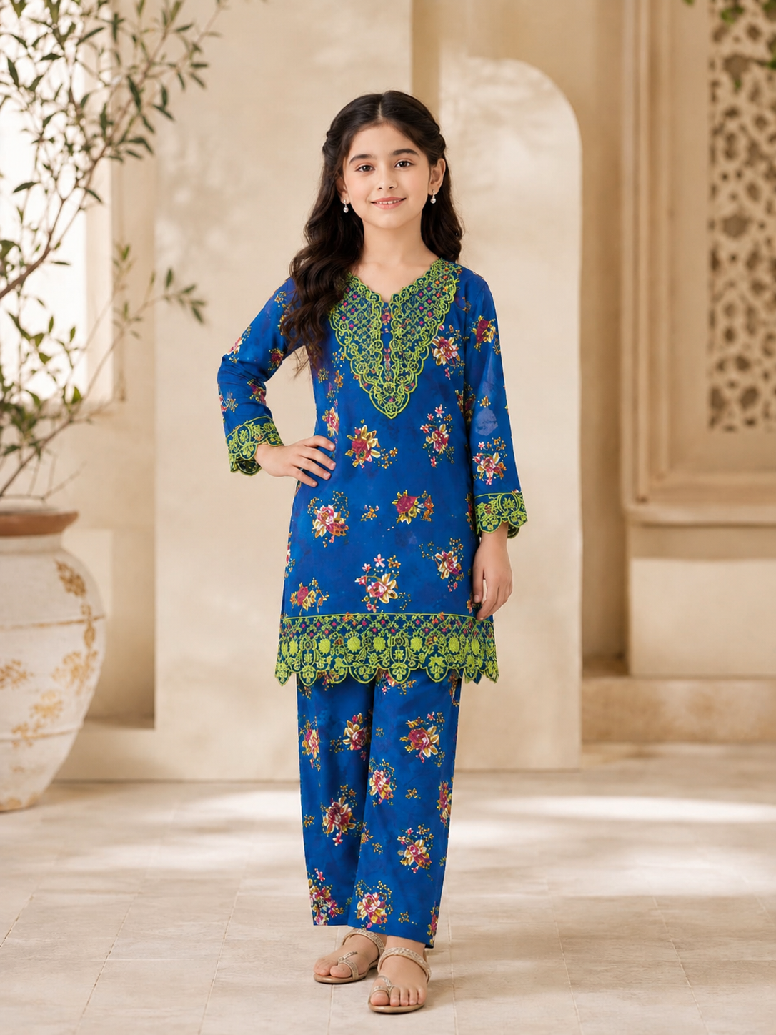 Blue Floral Embroidered Girls 2 Piece Stiched Suit – Elegant Kids Eastern Wear