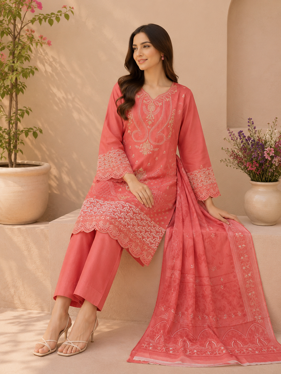 Pink Embroidered 3-Piece Stitched Suit for Girls – Elegant Festive Wear