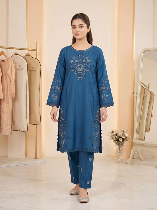 Women’s Teal Blue Embroidered 2-Piece Stiched dress – Elegant Kurti & Trouser Set