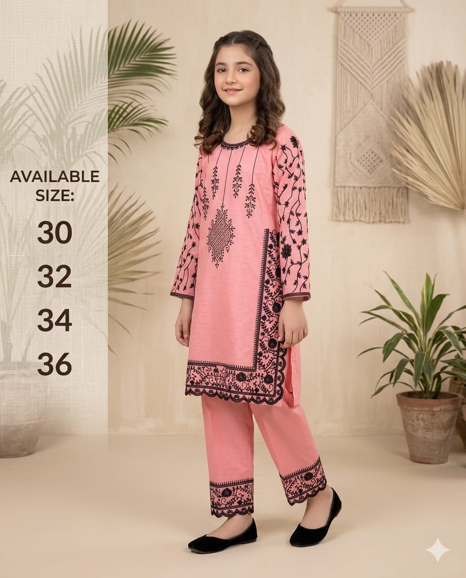 Pink Embroidered Kids 2 Piece Dress – Cotton Girls Outfit | Stylish Girls Eastern Wear