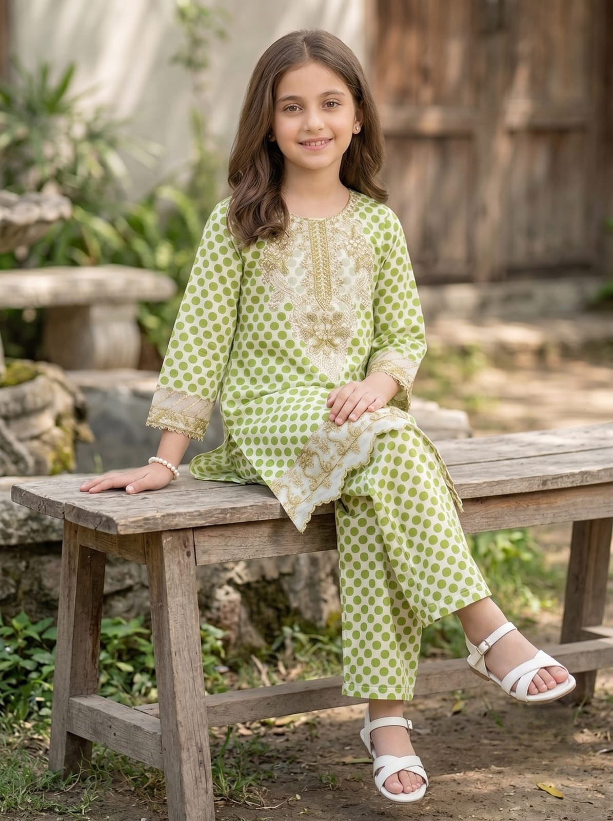 Green Polka Dot Embroidered Kids 2 Piece Suit