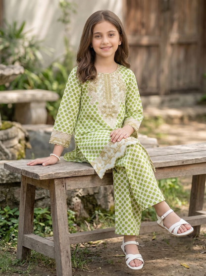 Green Polka Dot Embroidered Kids 2 Piece Suit