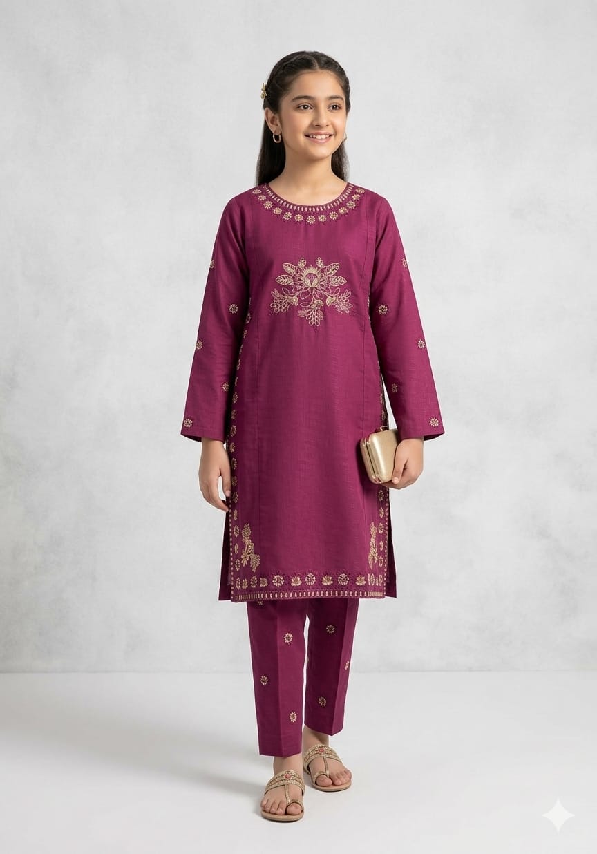 Luxury Purple Embroidered Girls 2 Piece Suit – Premium Eid & Party Wear