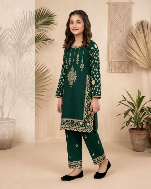 Bottle Green Embroidered  2 Piece Stiched Dress – Cotton Girls Outfit | Stylish Eastern Wear