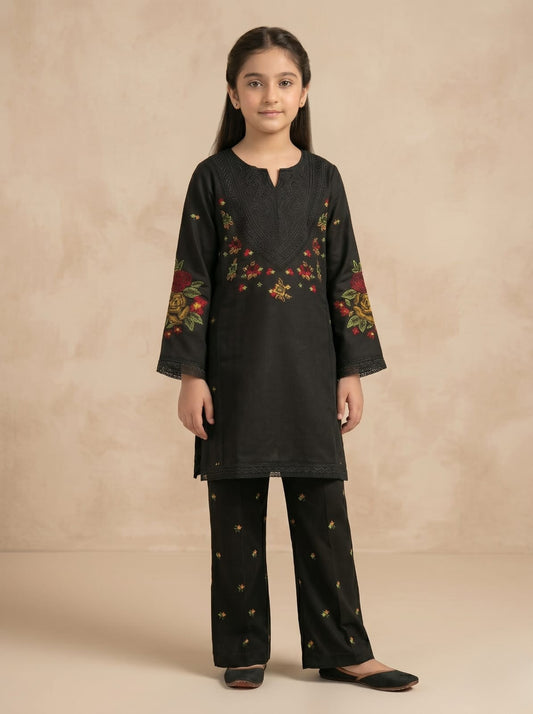 Girls Black Embroidered Kurta Set – Elegant Kids Ethnic Wear 2 Piece Stiched Outfit