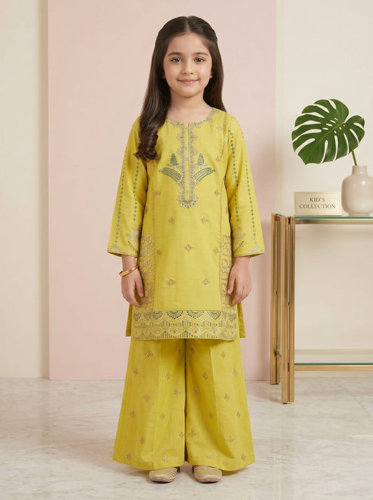 Girls Yellow Embroidered 2 Piece Stiched dress – Kids Ethnic Wear | Festive & Party Dress
