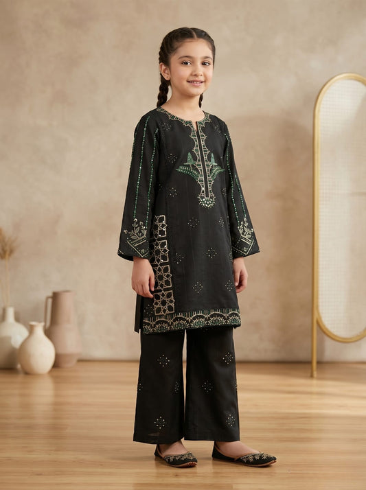 Girls Black Embroidered Kurta Palazzo Set – Kids Ethnic Wear | Party & Festive Outfit