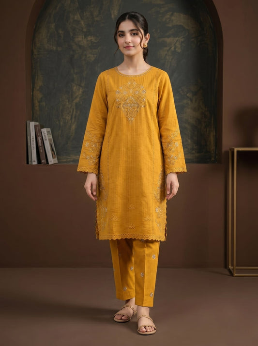 Women’s Mustard Yellow Embroidered 2-Piece Stiched Suit – Elegant Kurti & Trouser Set