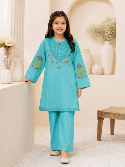 Girls Turquoise Embroidered 2 Piece Stiched Dress – Stylish Kids Eid Outfit