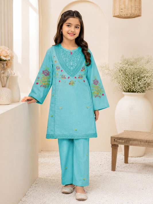 Girls Turquoise Embroidered 2 Piece Stiched Dress – Stylish Kids Eid Outfit