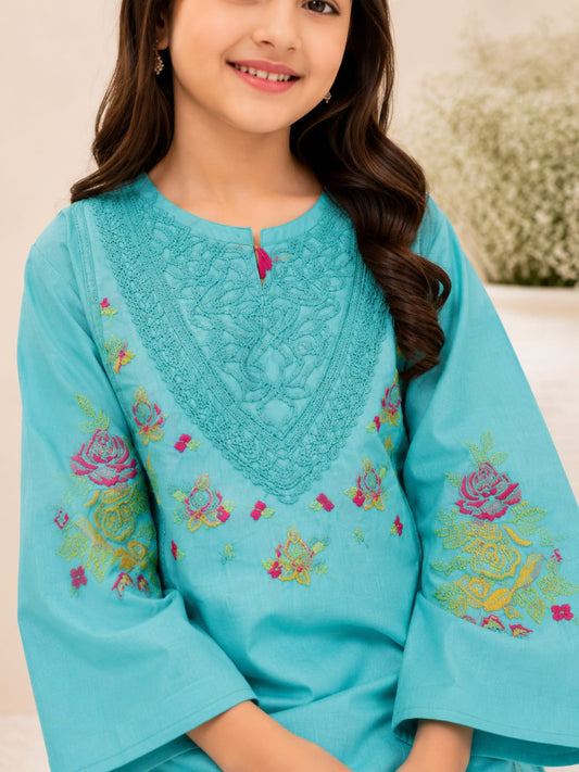 Girls Turquoise Embroidered 2 Piece Stiched Dress – Stylish Kids Eid Outfit
