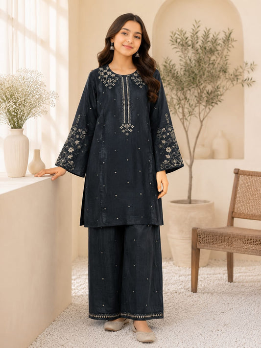 Girls Black Embroidered 2 Piece Stiched Dress – Elegant Kids Festive Outfit