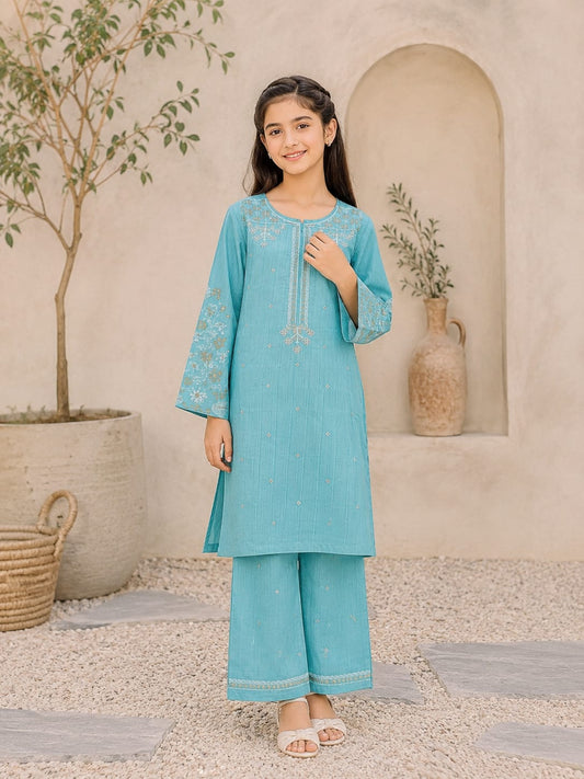 Sky Blue Embroidered Kids Stiched Dress  – Girls Eastern Wear