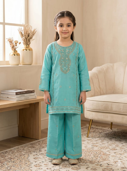 kids aqua Blue Embroidered Cotton Co-Ord Set – Kids Ethnic Kurta Palazzo Dress