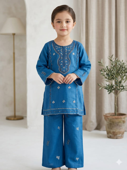 kids Royal Blue Embroidered Cotton Co-Ord Set – Kids Ethnic Kurta Palazzo Dress
