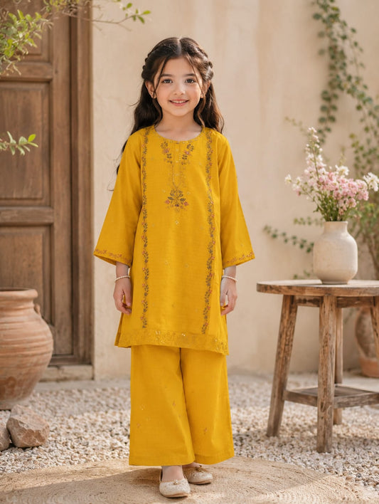 Yellow Embroidered Kids Eid Dress – Girls Premium 2 Piece Stiched outfit