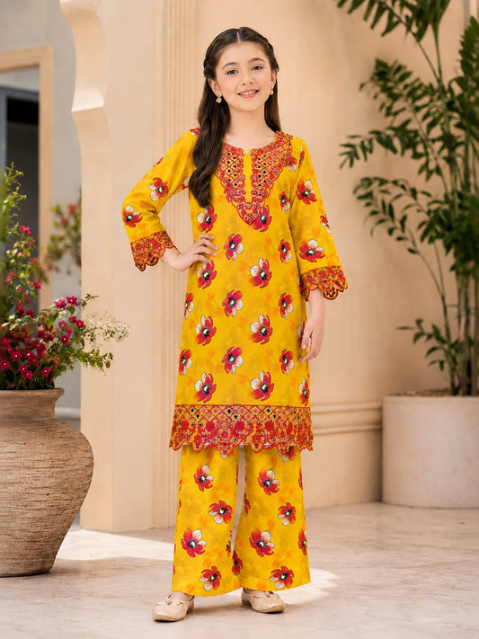 Girls Yellow Floral Printed 2 Piece Stiched Suit – Stylish Kids Eastern Wear for Girls