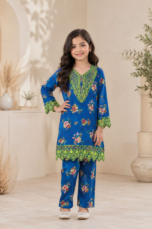 Blue Floral Embroidered Girls 2 Piece Stiched Suit – Elegant Kids Eastern Wear