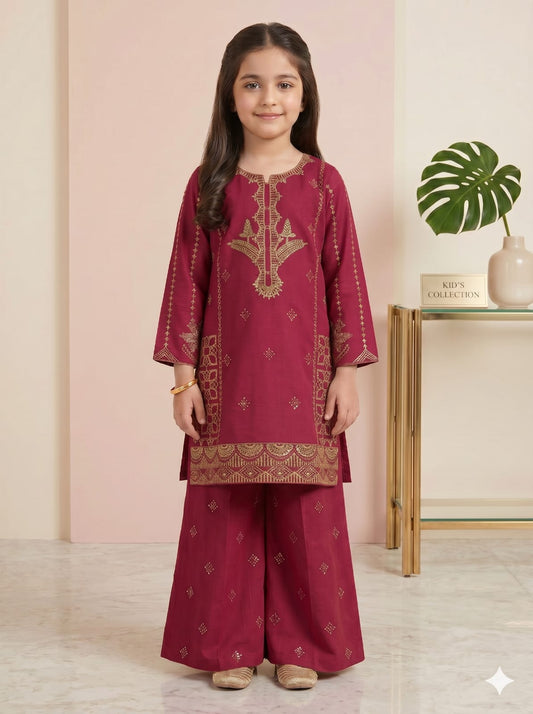 Girls Maroon Embroidered Suit – Elegant Kids 2 Piece stiched dress Ethnic wear