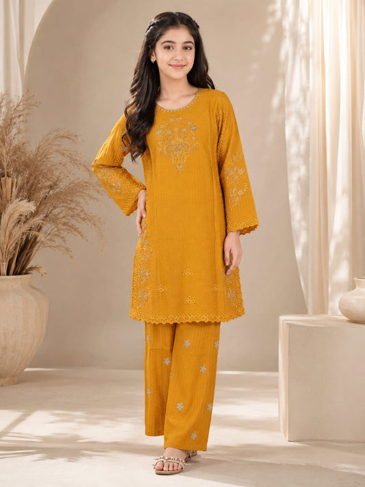 Mustard Embroidered Girls Eid Dress – Premium 2 Piece Stiched Outfit