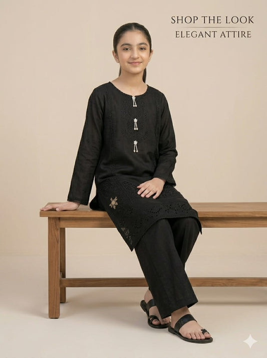 Girls Black Embroidered 2-Piece Stiched Suit