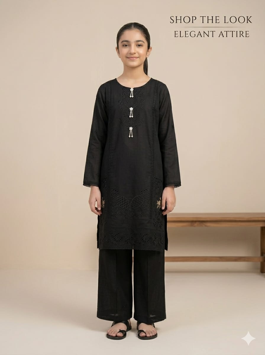 Girls Black Embroidered 2-Piece Stiched Suit