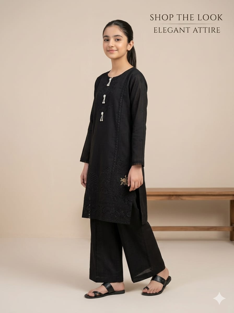 Girls Black Embroidered 2-Piece Stiched Suit