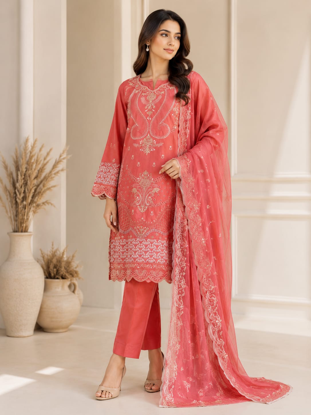 Pink Embroidered 3-Piece Stitched Suit for Girls – Elegant Festive Wear