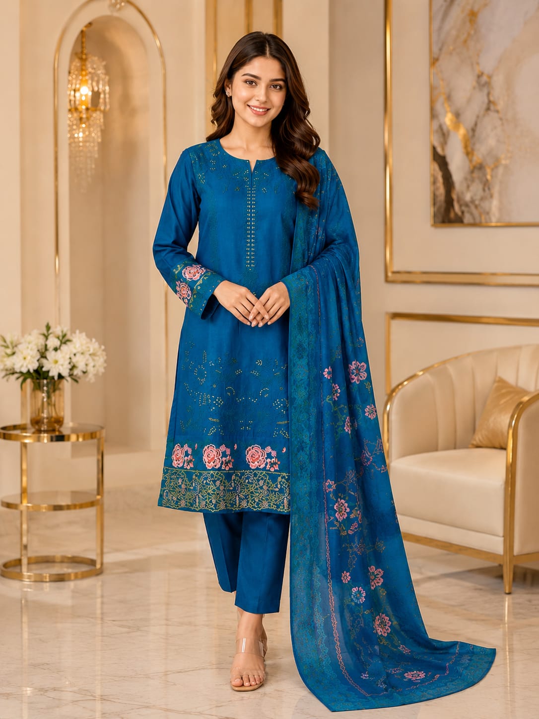 Blue Printed Lawn 3 Piece Suit with Printed Dupatta