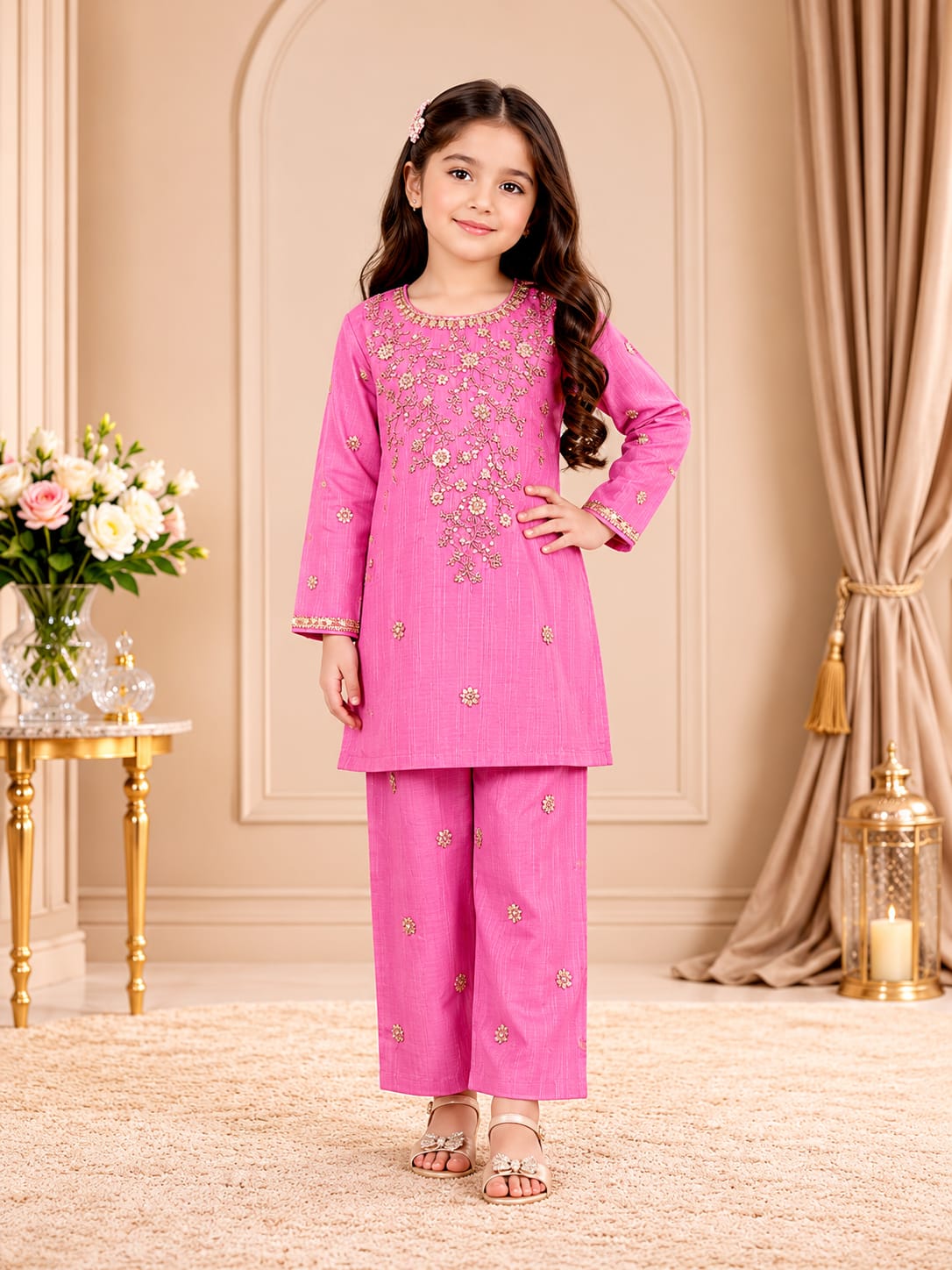 pink kids embroided 2pc dress