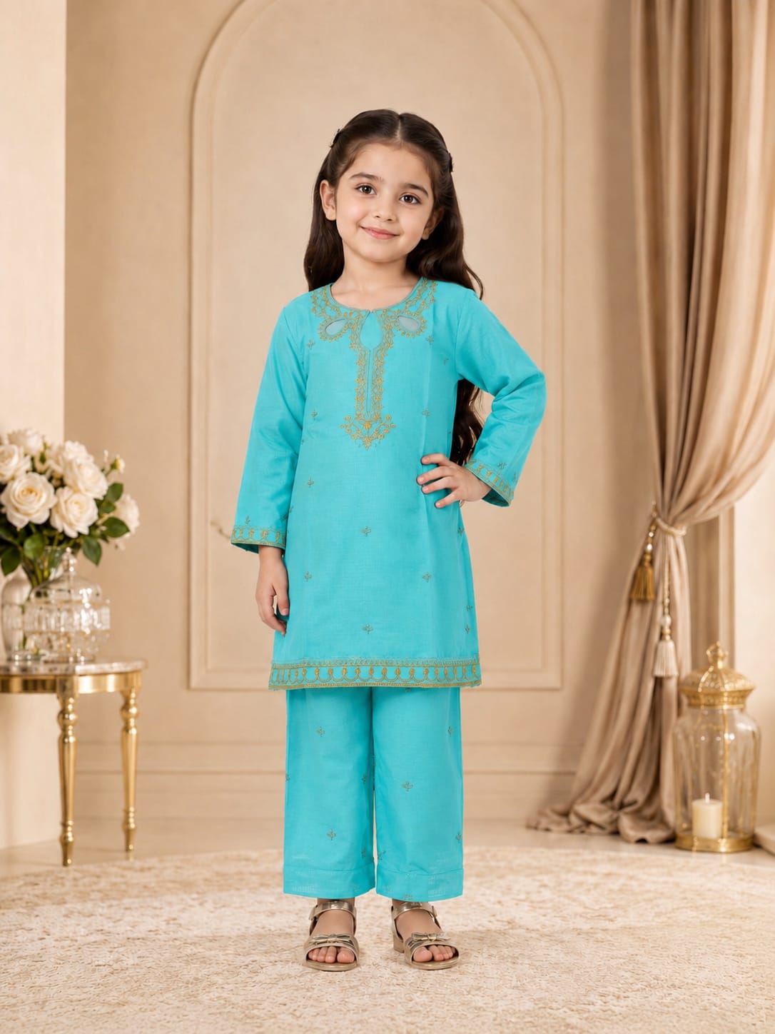 Aqua blue Embroidered kids 2-PC Suit