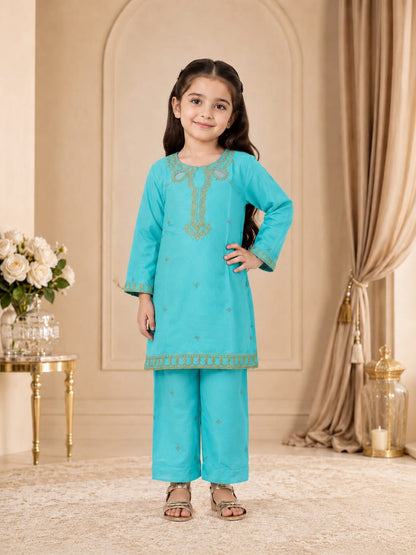 Aqua blue Embroidered kids 2-PC Suit