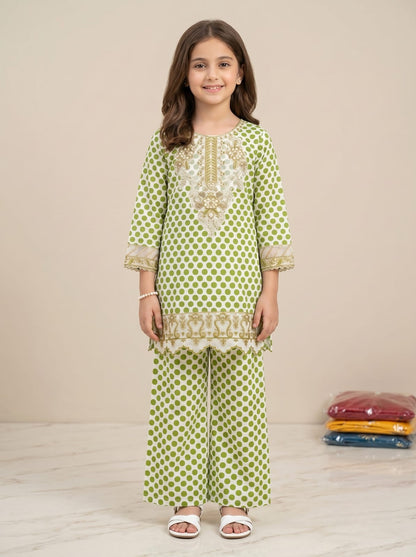 Green Polka Dot Embroidered Kids 2 Piece Suit
