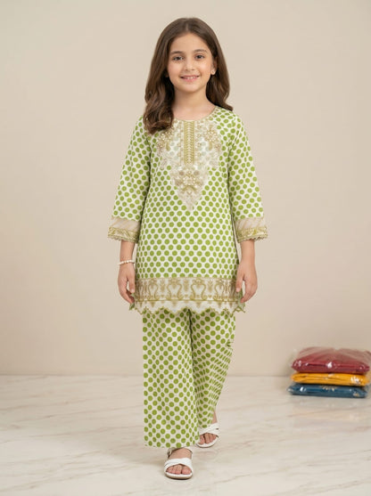 Green Polka Dot Embroidered Kids 2 Piece Suit