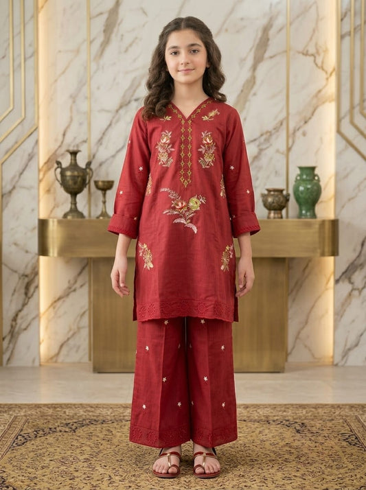 Girls Maroon Embroidered Stiched 2 Piece Dress