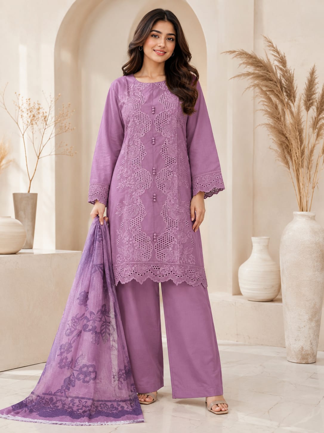 purple Embroidered Lawn 3 Piece Suit with Chiffon Dupatta